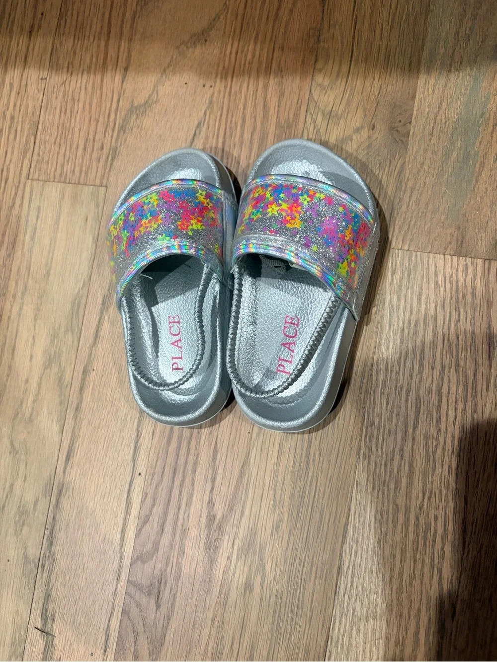 The Children's Place Silver Glitter Slide Sandals with Multicolor Star Print